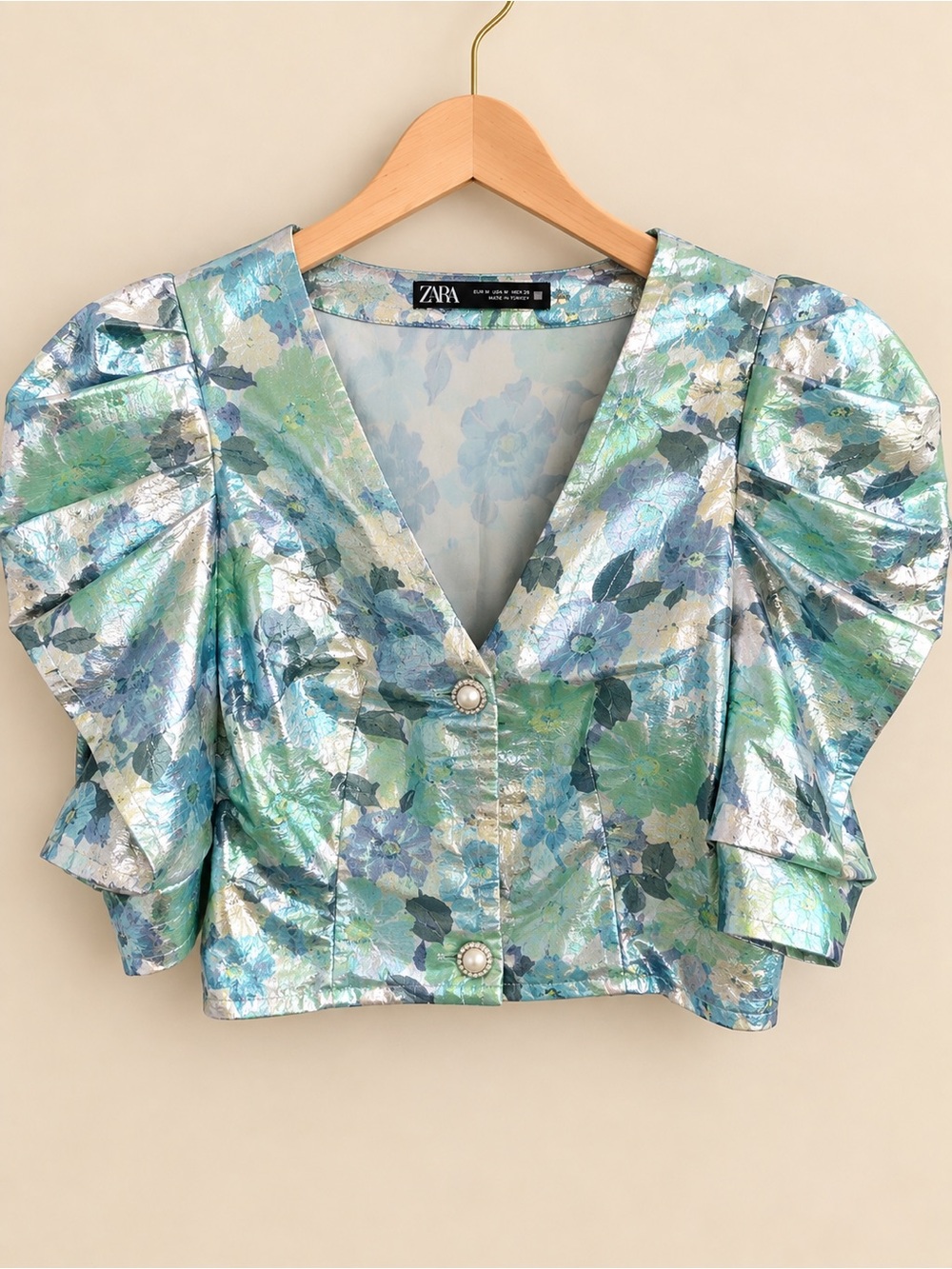 Zara Floral Cropped Jacket in Green & Silver Size Medium Like New
